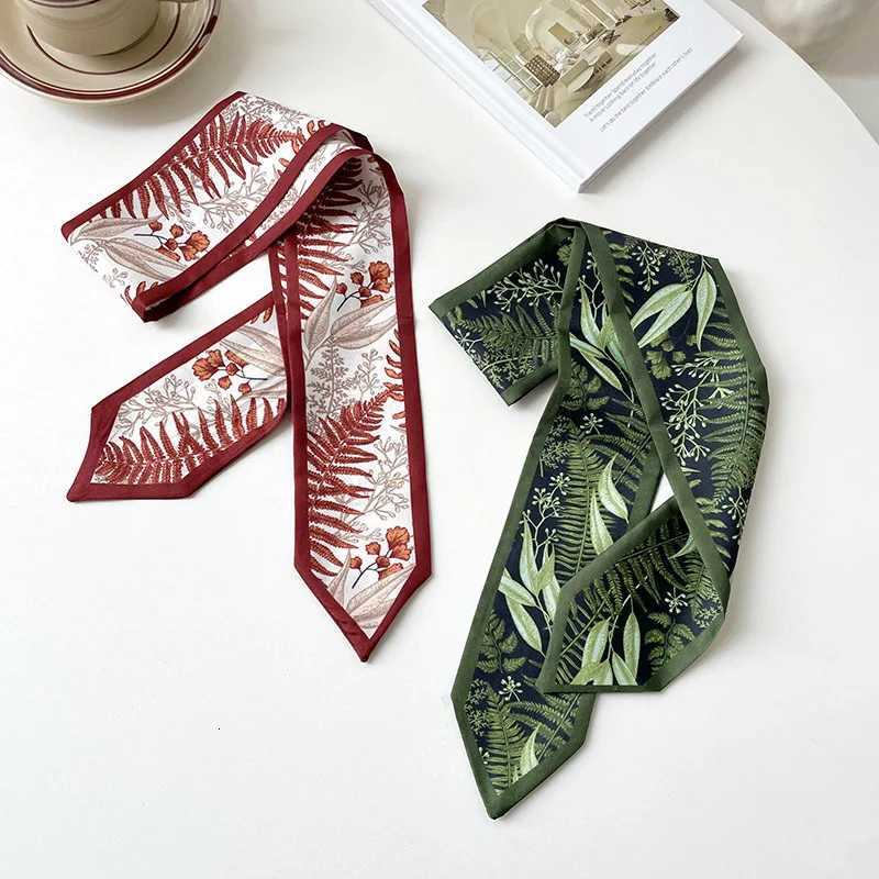 Green Burgundy Leaf Print Silk Scarves Girls Retro Bowknot Hairbands Wen Ribbons band Ponytail Holder Hair Accessories X260328