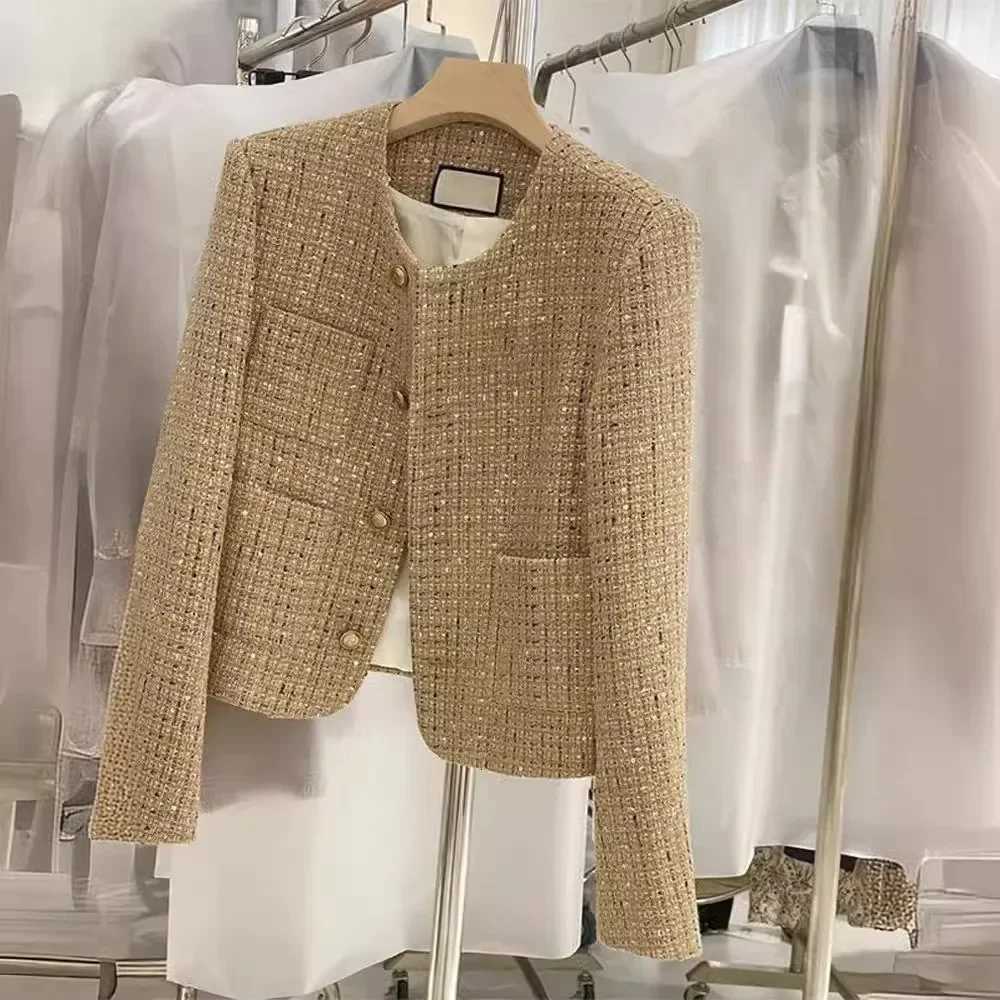 Elegant Cropped Tweed Wool Womens Jacket O-Neck Short Coat Solid Korean Style Golden French Look 2025 Autumn Fashion for WomenT260328