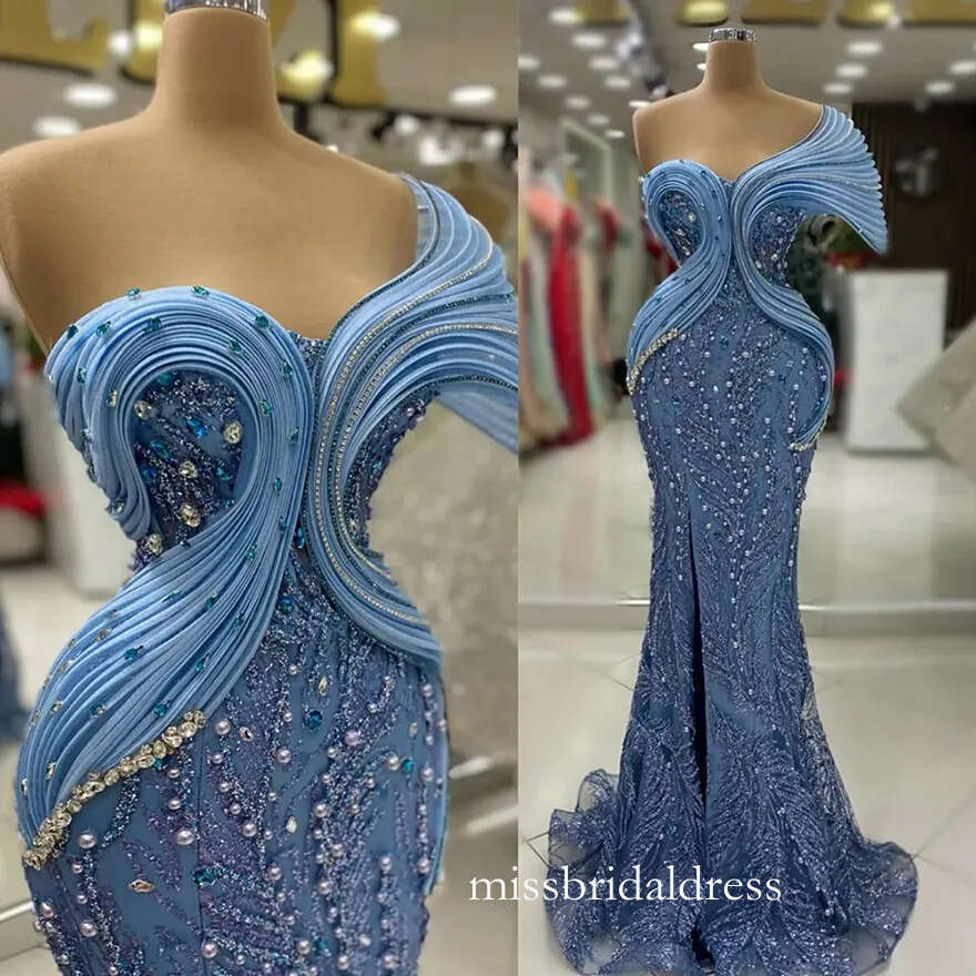 2025 Plus Size Prom For Special Occasions Formal Dresses Mermaid One Shoulder Beaded Lace Pearls Crystals Birthday Party Gowns Reception Dress D0327