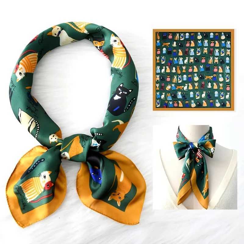Trendy Cat Print Imitation Silk Scarf for WenSoft Satin BandanaVersatile for NeckHair Bag Ladies Scarf X260328