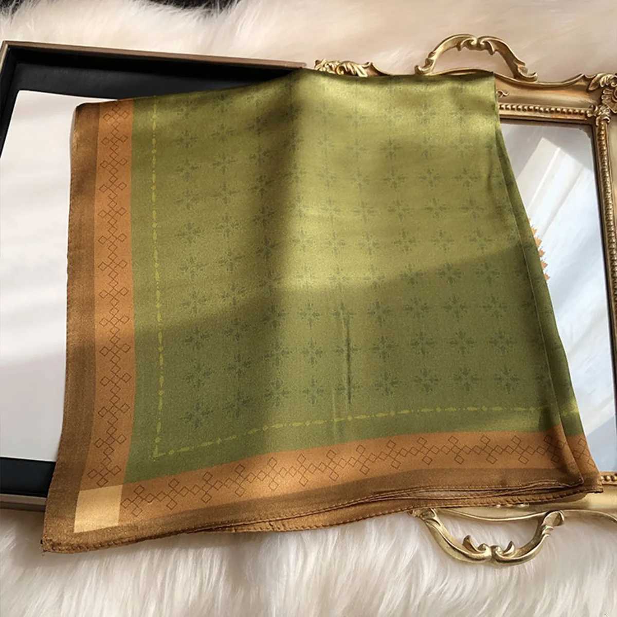 Dark Green Printed Square Scarf Plain Floral Pattern Simple Imitation Silk Neckerchief Elegant Bandana Women Head Wrap Scarves Z260330