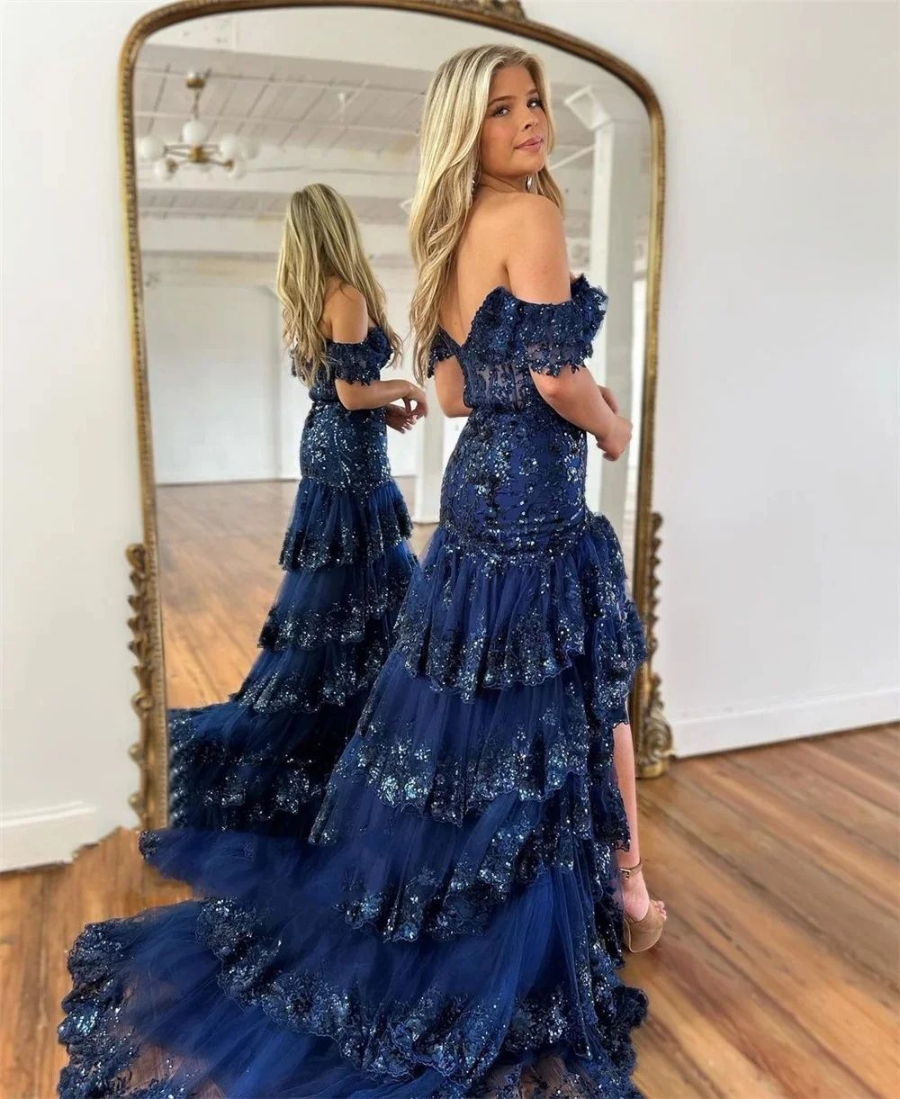 Shiny Sequins Mist Blue Prom Dress 2026 Lace Beaded Off Shoulder Tulle High-low Long Train Formal Birthday Evening Gala Gowns Robe De Soiree