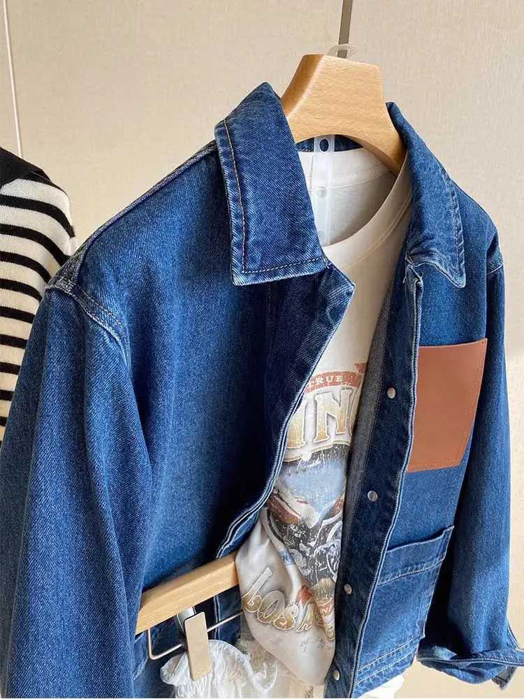 denim jacket women autumn winter solid color single breasted streetwear blue cotton jacket coatT260328