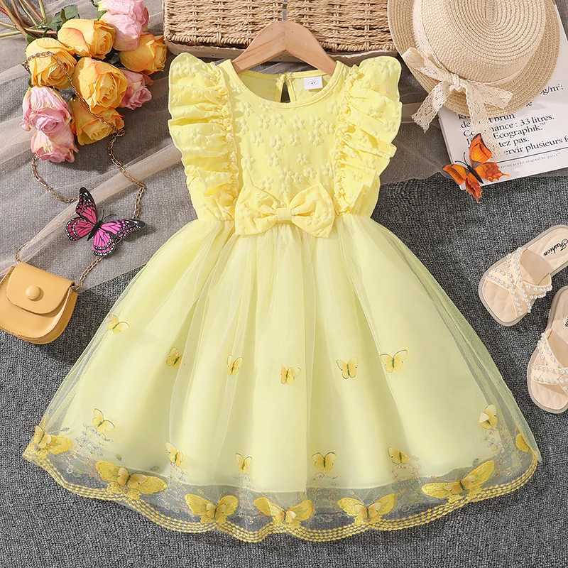 Dress For Girls Yellow O-Neck Fly-Sleeve Tulle Bowknot 8-12 Years Summer Elegant Sweet Style Princess Dress kids ClothingT260330