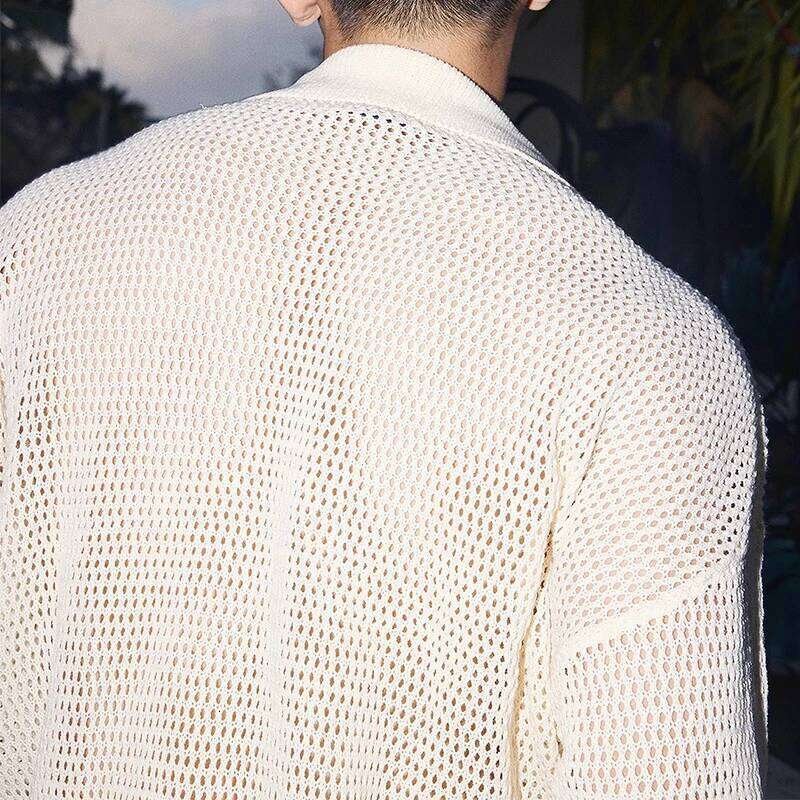 Vacation Seaside Beach Breathable T Shirts Mens Knitting Hollow Out Mesh Pullovers Men Stylish Turn-Down Collar Crochet T-Shirt