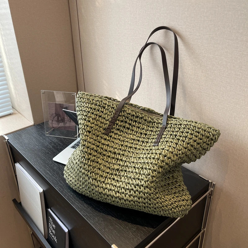 MOODS Straw Woven Tote Bags For Women Large Capacity Shoulder Beach Bag Pure Color Summer Big Shopping Handbag260316