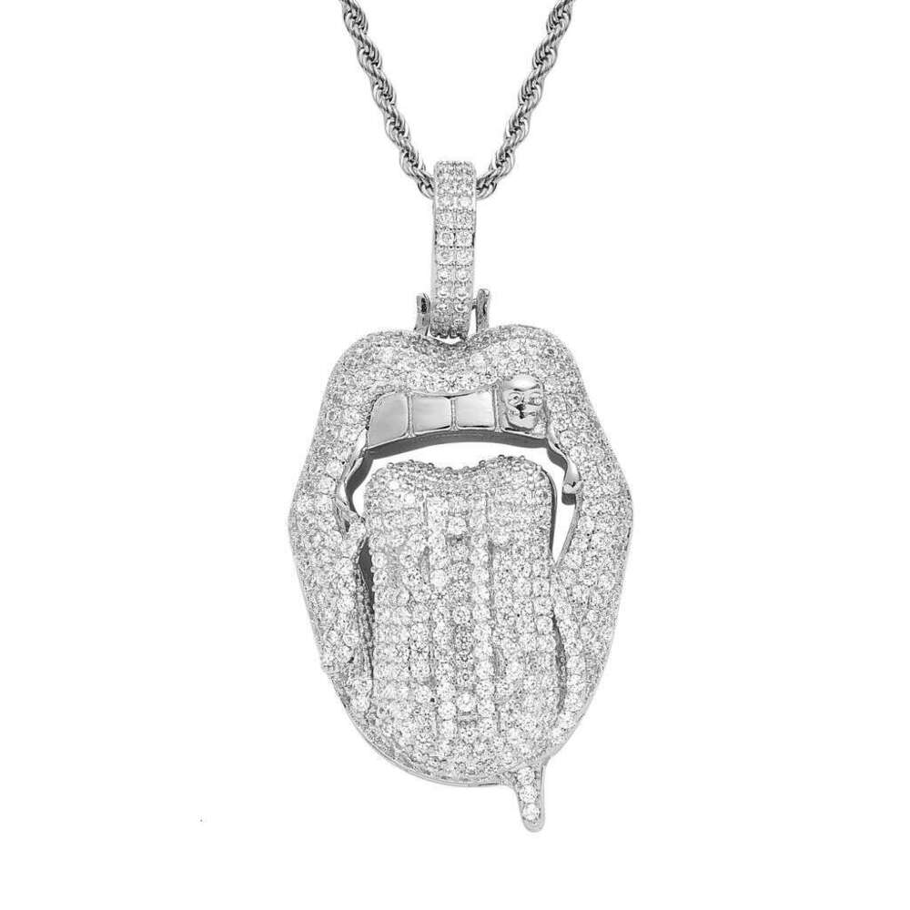 Necklace With Tongue-Out Lips And Dollar Pendant, Trendy Personalized Micro-Inlaid Zircon Men's Hip-Hop Pendant