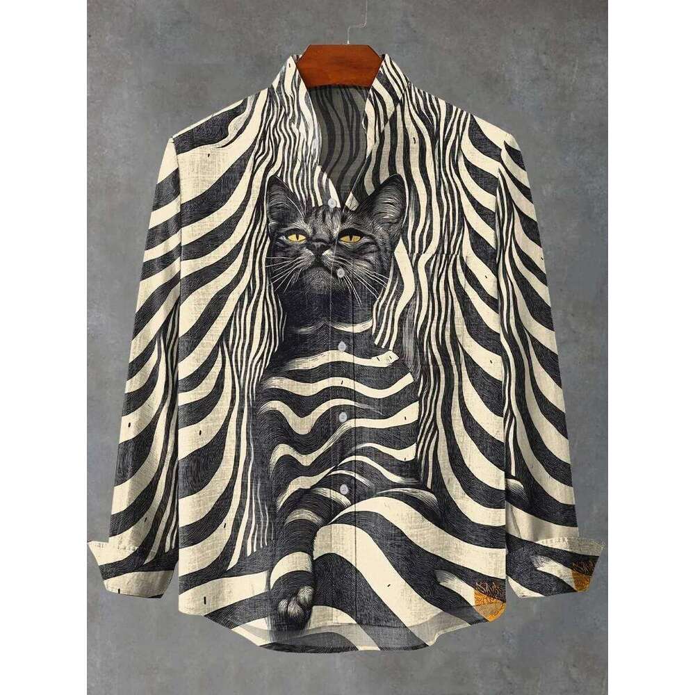 New Spring And Autumn Best-Selling Men's Long-Sleeved Comfortable Retro Kitten Pattern Art Print Shirt