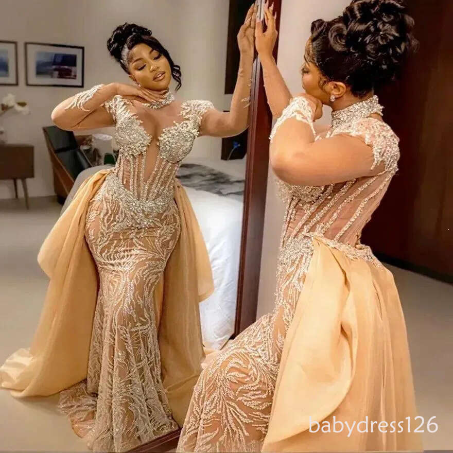 2026 Champagne Mermaid Dresses Bridal Gowns With Detachable Train Illusion Long Sleeves High Neck Beaded Lace Wedding Gown for African Black Women ZD1