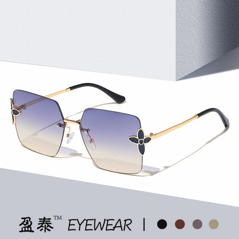 Luxury Brand Designer Sunglasses New Frameless Square Large Frame Sunglasses With Flower And Clover Design, European And American Trendy Fashion Gradi