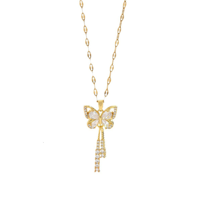 Exquisite Micro Inlaid Zircon Tassel Necklace Jewelry For Women Stainless Steel Moon Butterfly Flower Clavicle Choker