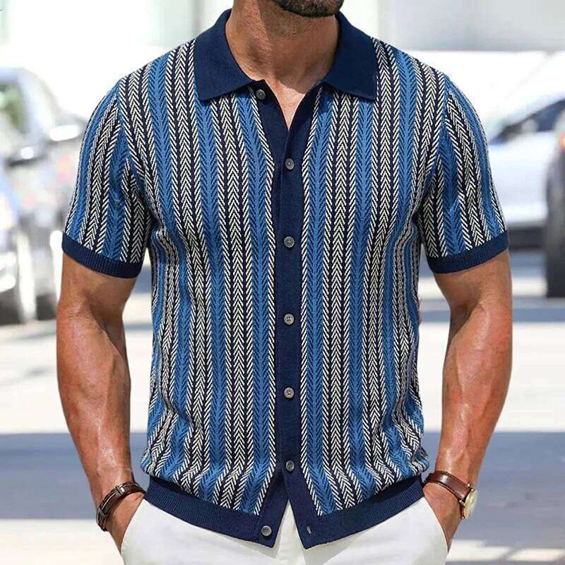 Summer Men Knitted Cardigan Short Sleeve Striped Shirts Fashion Jacquarded Blouse American Retro Premium Quality Knitwear M-3Xl