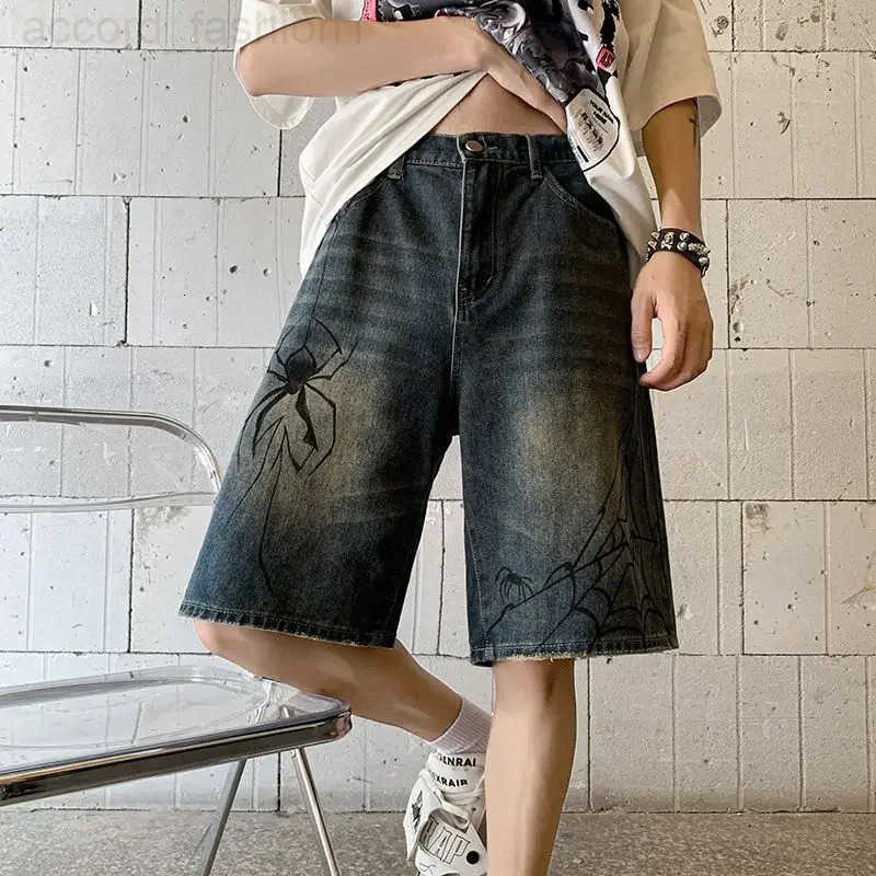 Korean Harajuku Spider Cobweb Print Denim Short for Men Y2k Retro Wash Hip Hop Punk Grunge Jeans Shorts Summer Women Streetwear H260330