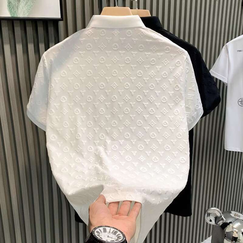 New Short Sleeve T-Shirt for Men Fashionable Light Luxury Jacquard Casual Youth Slim Fit Turn-Down Collar Base Shirt
