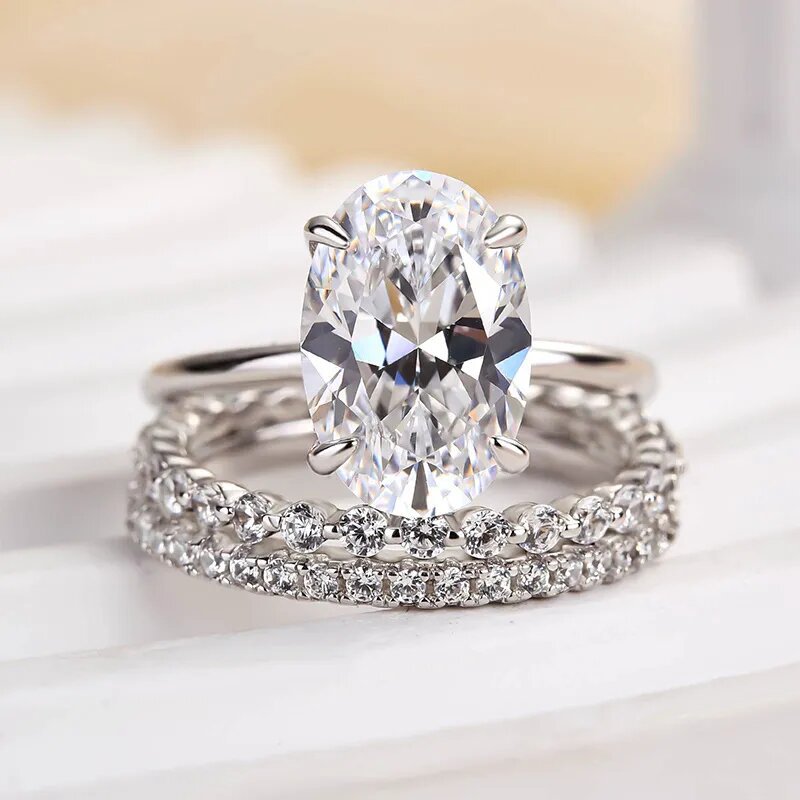 Choucong 18K White Gold Fill 3PCS Oval 5A Zircon CZ Dimaond Ring Set Solitaire Engagement Ring Stackable Eternity Bands Bridal Jewelry For Women Gift