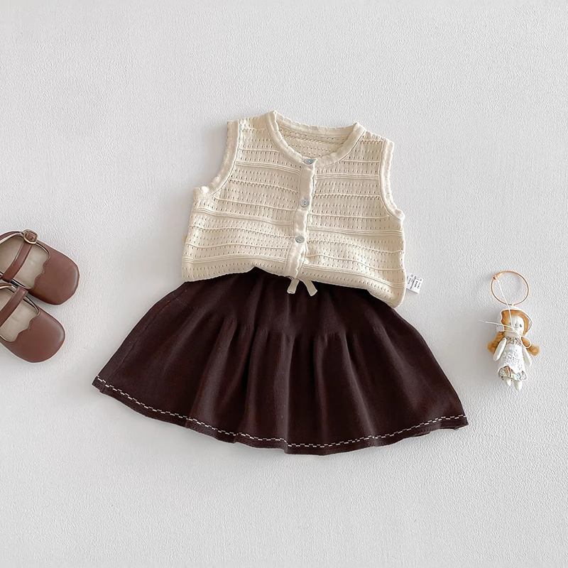 New Knitted Vest Set for Infants and Young Children, Summer Thin Women's Baby Top and Short Skirt Two Piece Set