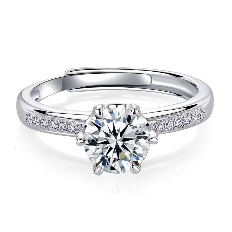 S925 Sterling Silver D Color VVS1 Moissanite 6 Prong Adjustable Engagement Ring with Side Accents for Women