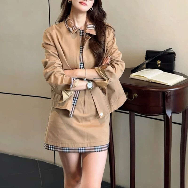 Elegant Plaid Patchwork Suit For Women Spring Autumn Short Trench Coat Jacket And High Waisted Skirt Two Piece Set Luxury