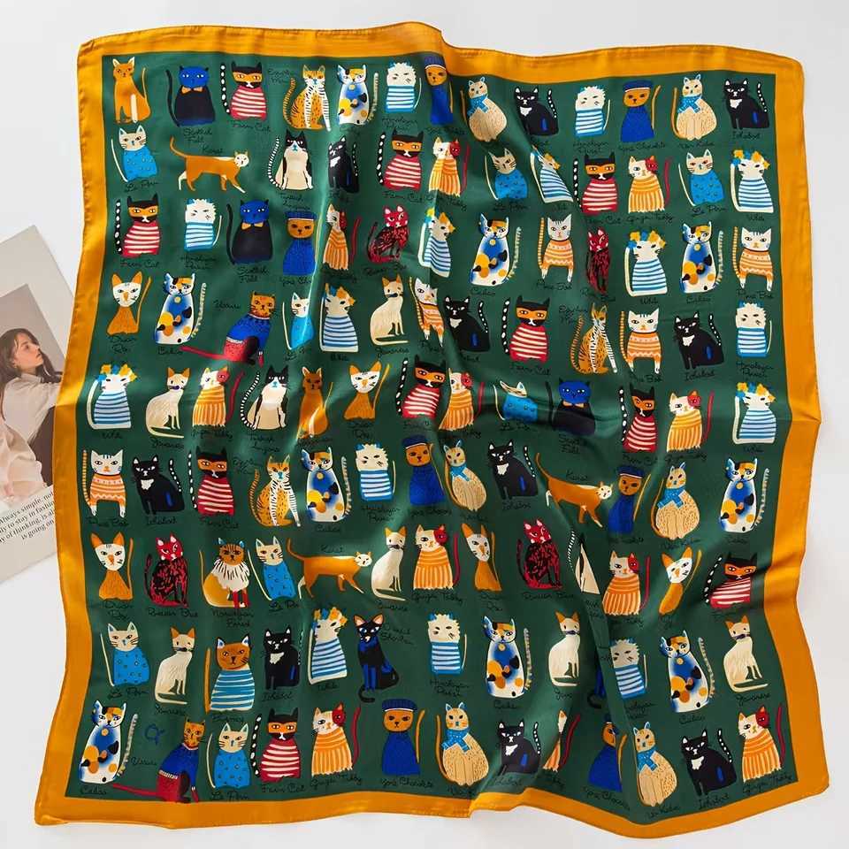 Trendy Cat Print Imitation Silk Scarf for WenSoft Satin BandanaVersatile for NeckHair Bag Ladies Scarf X260328