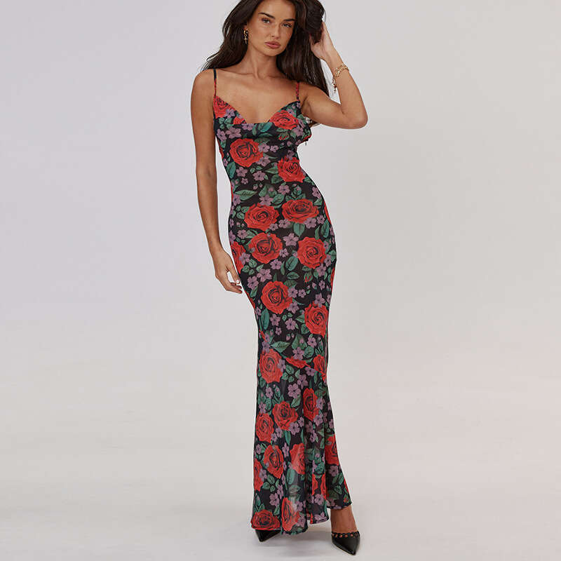 2026 h28 Summer Designer Fashion New Style Sexy V-neck Elegant Multi functional Slimming Long Printed Strap Dress