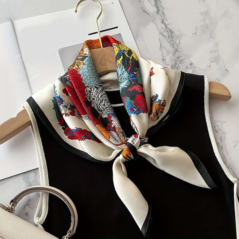 Elegant Bohemian Floral Print Scarf Smooth Non-Stretch Tassel Neck Wrap, Black Gray Versatile For Streetwear, Parties, Weddings, Daily Outfits Liuyuem