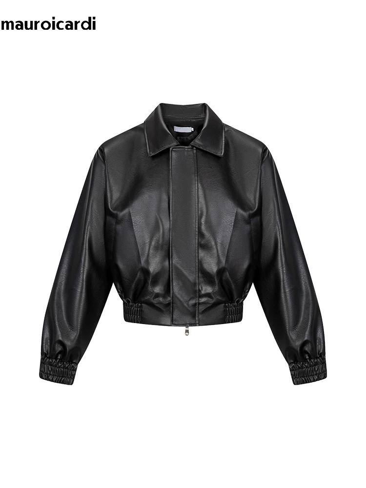 Mauroicardi Spring Autumn Cool Oversized Short Black Soft Pu Leather Jacket Men Zipper American Vintage Clothes 260327