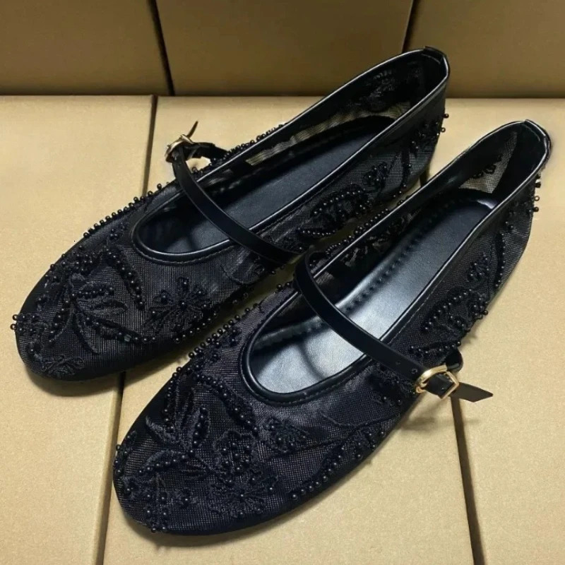Black Mesh String Bead Ballet Flats Women Elegant Embroider Flower Buckle Mary Jane Shoes Comfort Round Toe Shoes 260323
