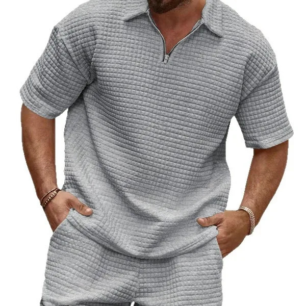 Olive Green Waffle Texture Mens Sets Half-Zip Polo Short Sleeve Shorts 2-Piece Suit Loose Casual Outfit 260324
