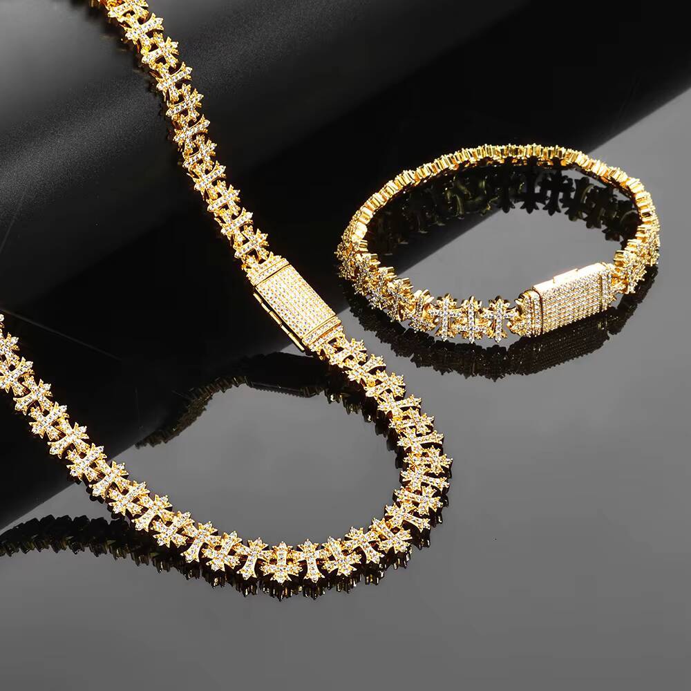 NUOYA 11MM Brass Iced Out Bling Cross Design Bracelet Silver Plated Link Chain Fine Jewelry Gift for Women