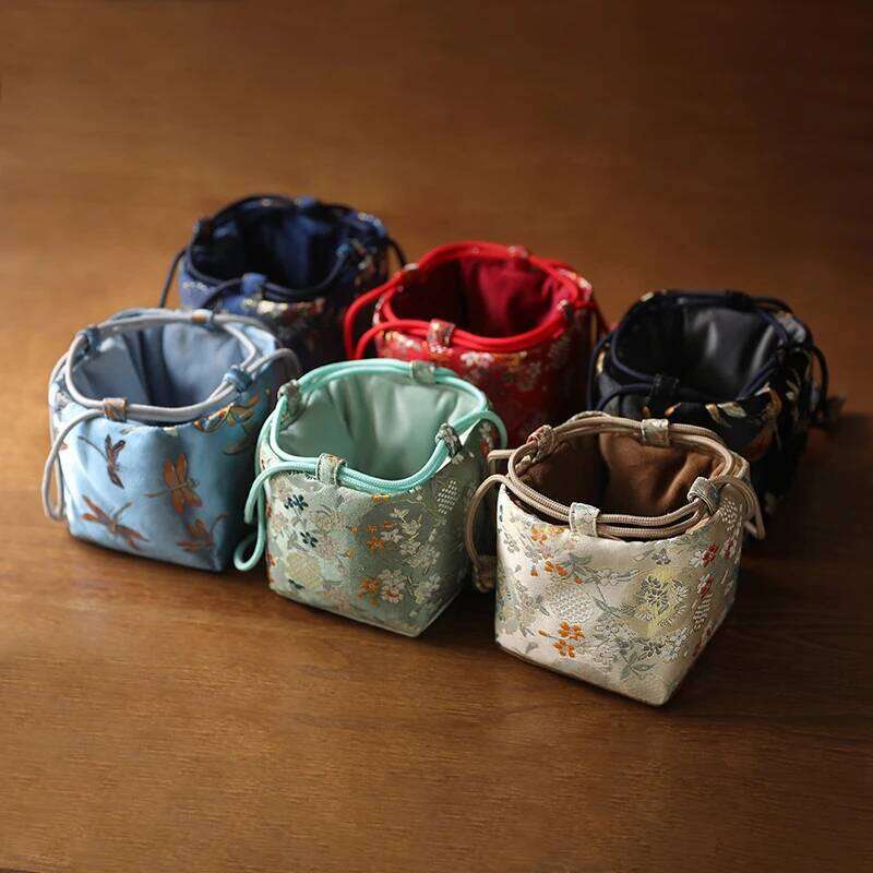 Chinese Embroidery Portable Travel Drawstring Teacup Pouch Japanese Style Cotton Cloth Tea Pot Cup Organizer Velvet Fabric Storage Bag