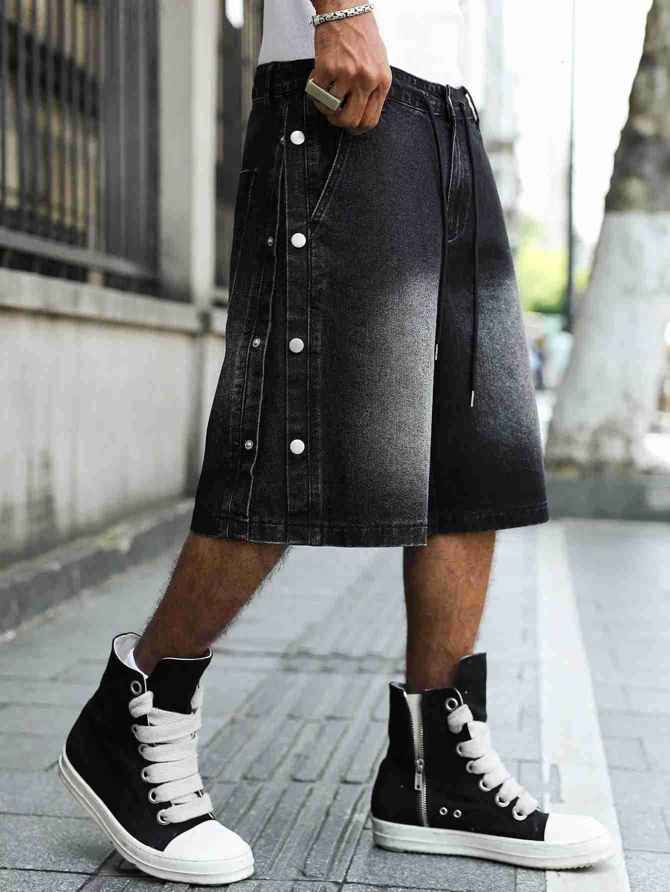 Mens Summer Casual Denim Shorts - Black-Gray Gradient with Distressed White Effect Street Daily Outing Knee-Length Shorts H260330