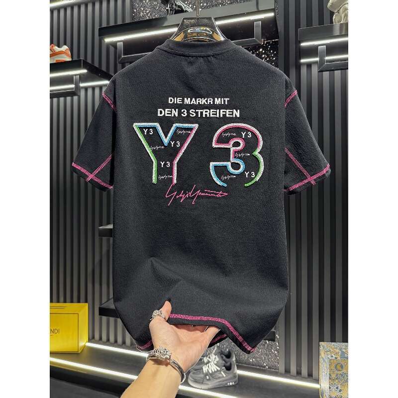European-style men's high-end embroidered thin round-neck short-sleeve T-shirt, 2026 new summer trendy breathable American-style half-sleeve
