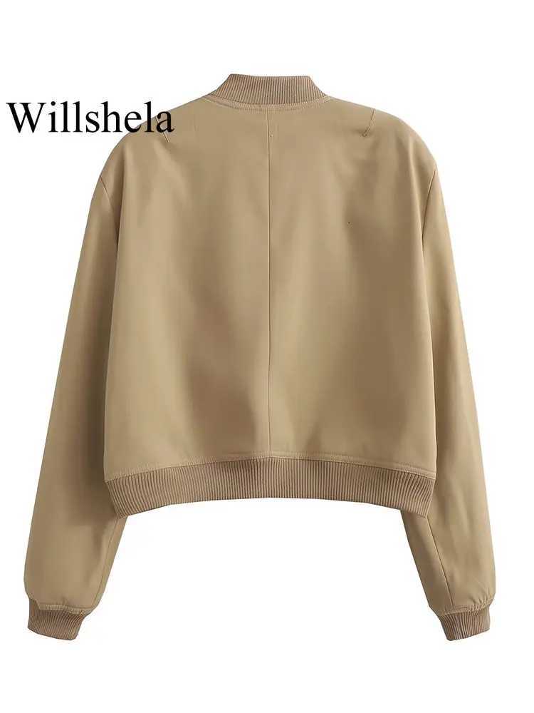 Willshela Women Fashion Solid Bomber Jackets Coat With Pockets V-Neck Single Breasted Long Sleeves Female Chic Lady OutfitsT260328