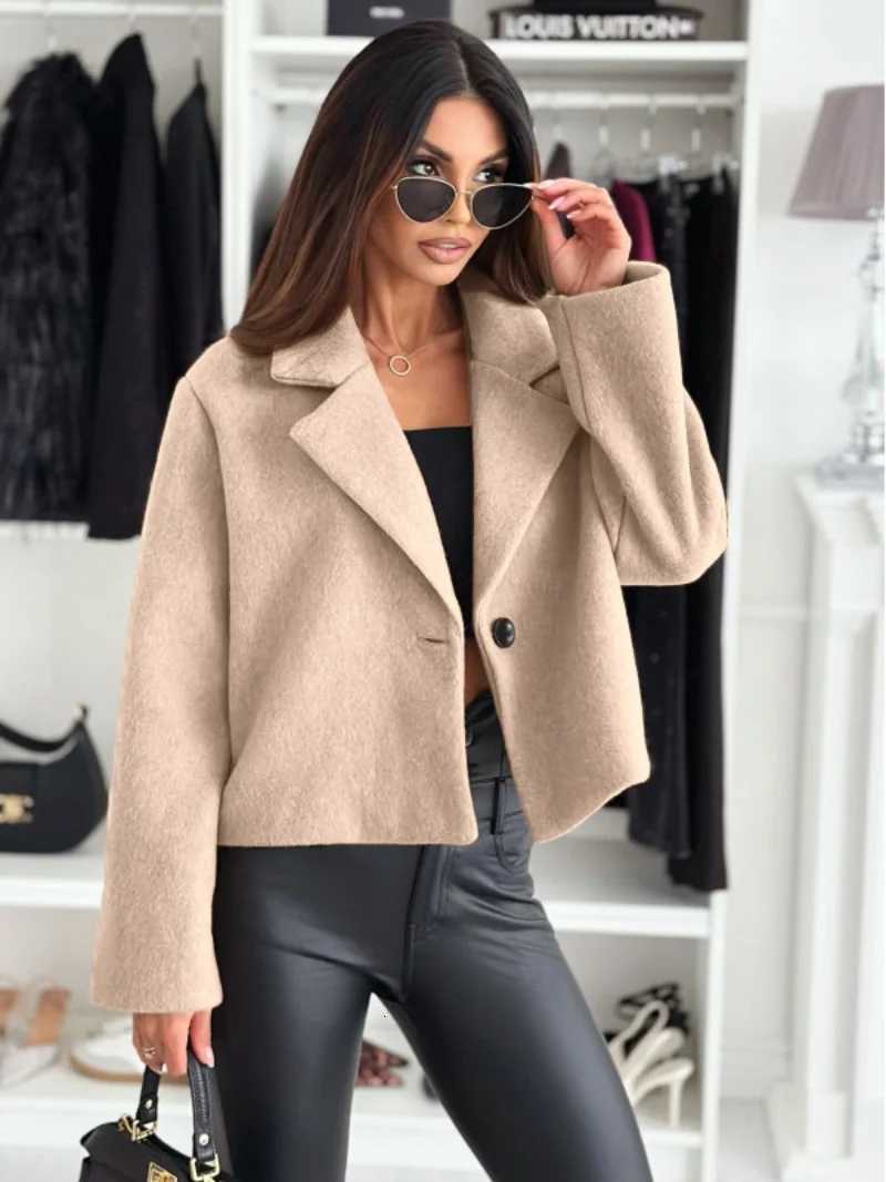 Cropped Trench Coat for Women 2024 Fall Winter Wool Coats Peacoat Casual Trendy Blazer JacketsT260328