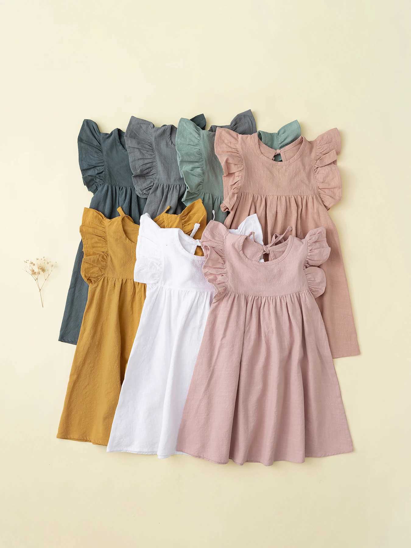 Baby Girls Flying Sleeve Dress Tie-back Overall Dress Cotton Kids Casual Clothes Summer 2024T260330