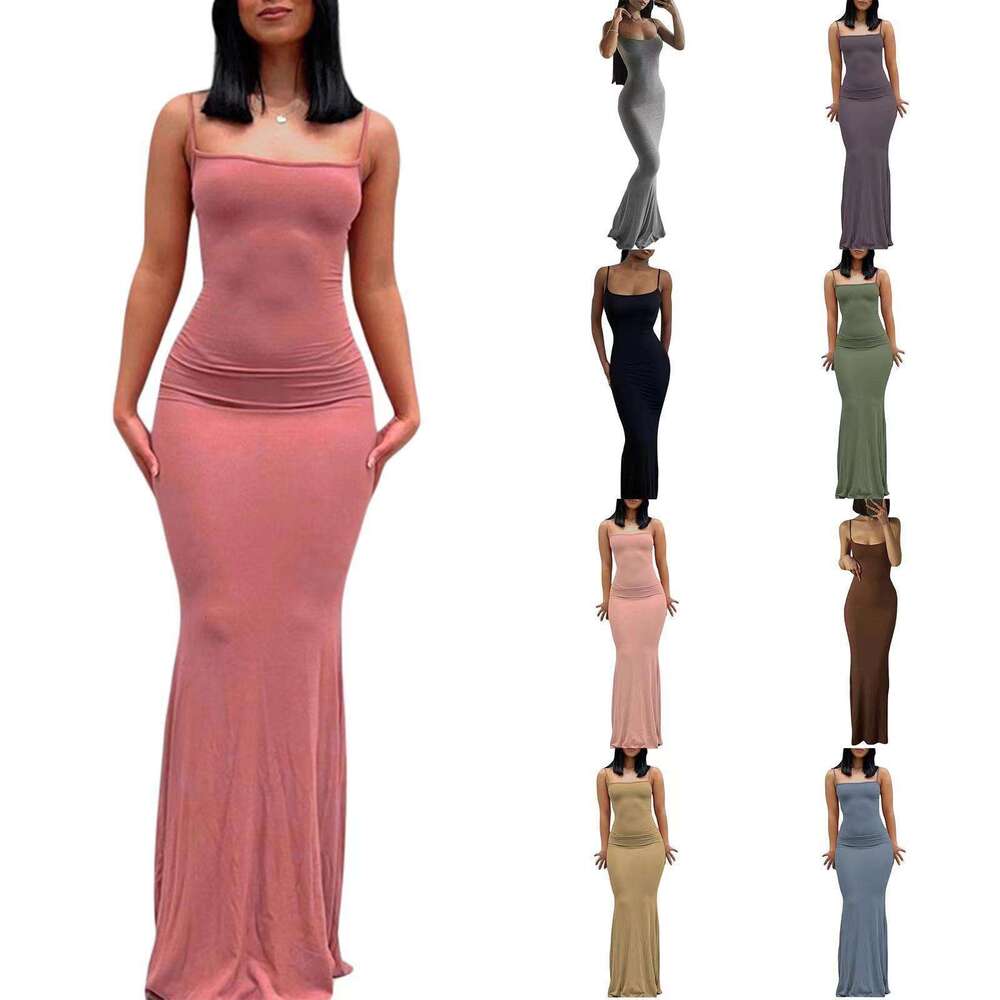 Spaghetti Strap European and American Women's Fashion High-End Pure Desire Style Bodycon Sexy Slim Milk Silk Long Mermaid Dress
