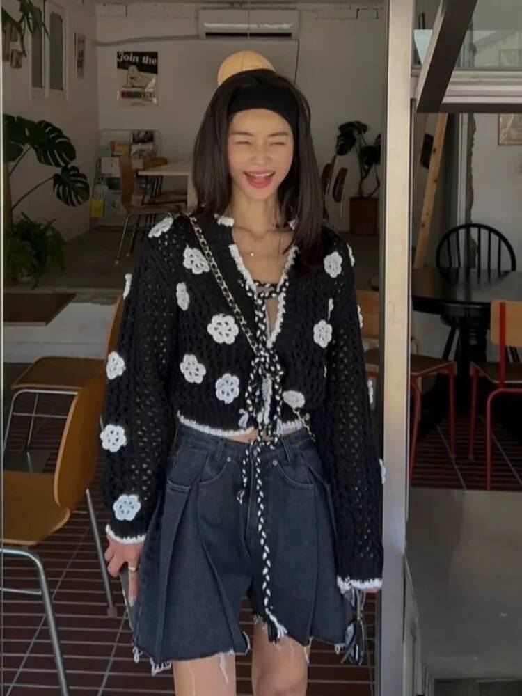 Chic Autumn Heavy Embroidery Long Sve Knitted Open Cardigan Women's Jaet Hollow out 3D Flower Design Commute Sle Faion