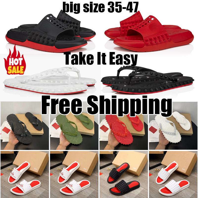 Designer Red Sandals Flip Flops For Men Women Leather Slippers Fashion Luxury Letter Bottom Flat Beach Rivet Shoes Sneaker 35-47