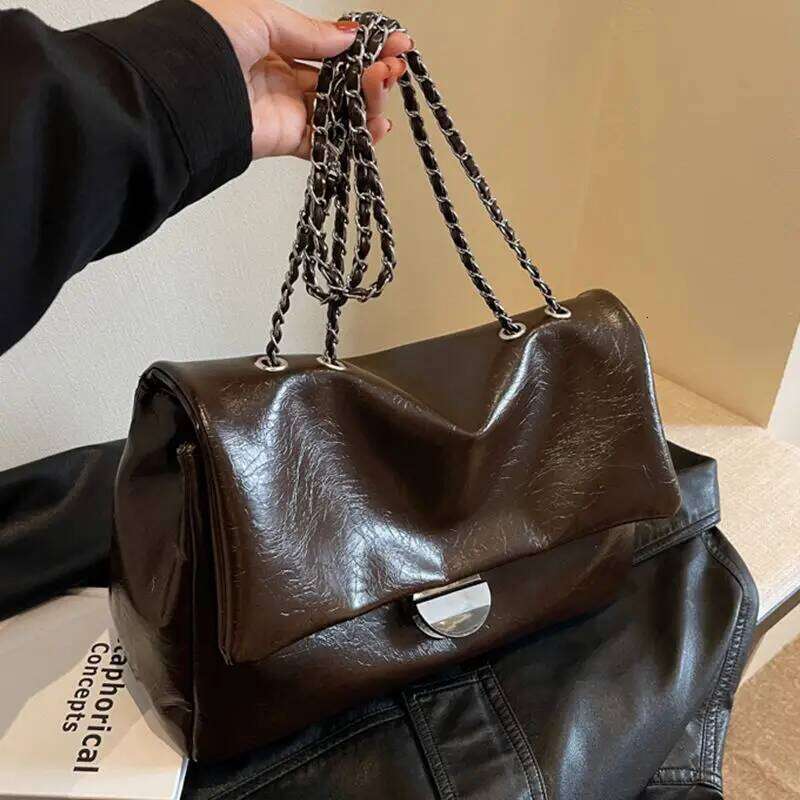 JIAERDI Retro Chain Silver Buckle Tote Women Waxed Leather Texture Large Capacity Shoulder Bag Ladies New Underarm Bags TIANOUDAISHU