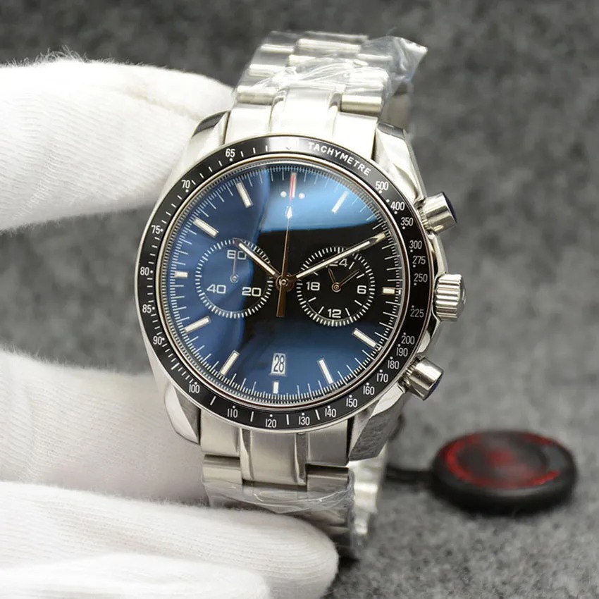 High Grade Quartz Chronograph Mens Watches Red Hands Stainless Steel Bracelet Fixed Bezel With A Top Ring Showing Tachymeter Markings
