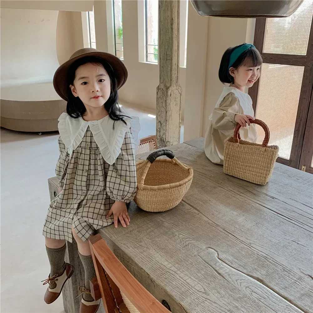 8486 Girls Clothes Casual Dress Spring Autumn New Korean Cotton Linen Girls Princess Plaid DressT260330
