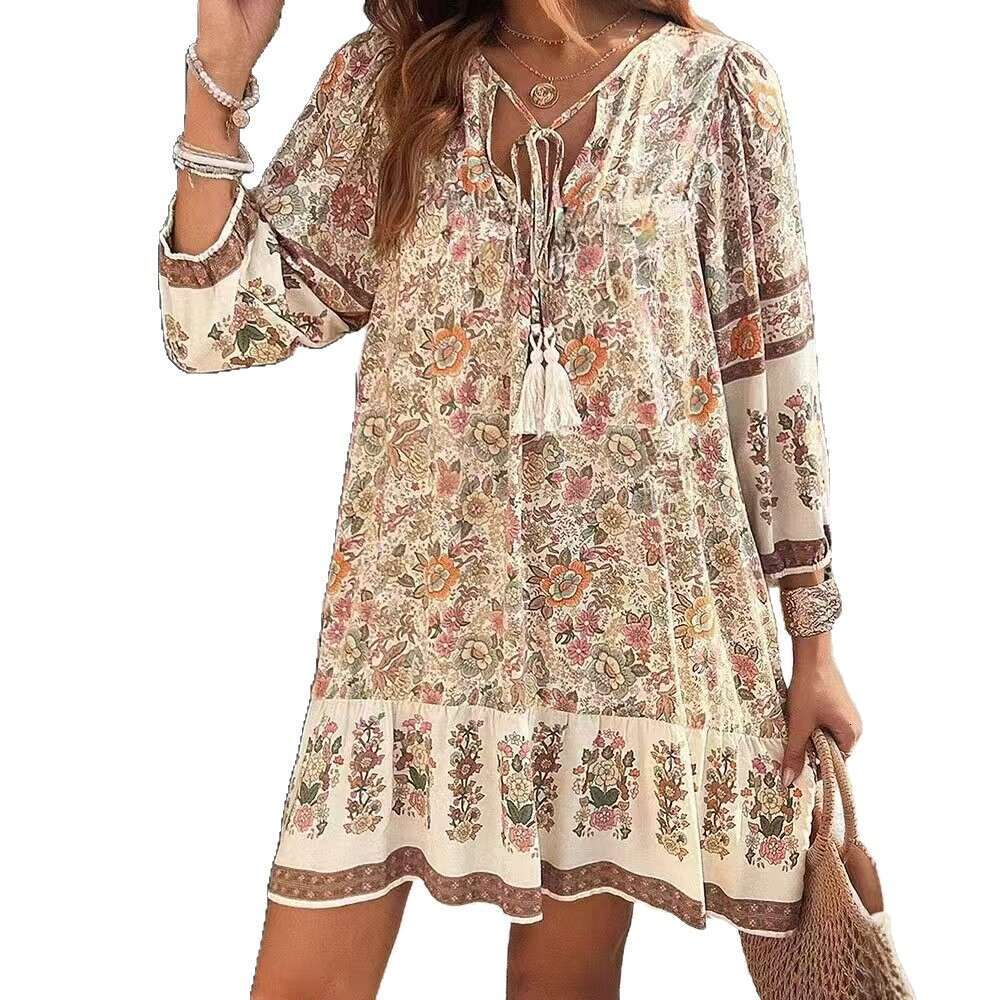 In-stock European and American cross-border printed shirt, foreign trade spring-summer casual bohemian vacation V-neck dress for women