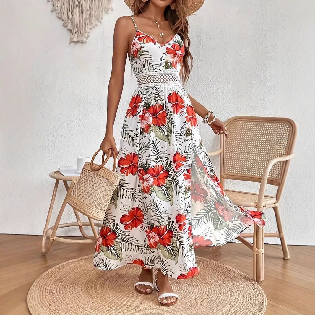 Sexy Print High Slit Cami Maxi Dress for Women Summer Fashion Vacation Clothing Womens Sunflower Spaghetti Strap Dresses