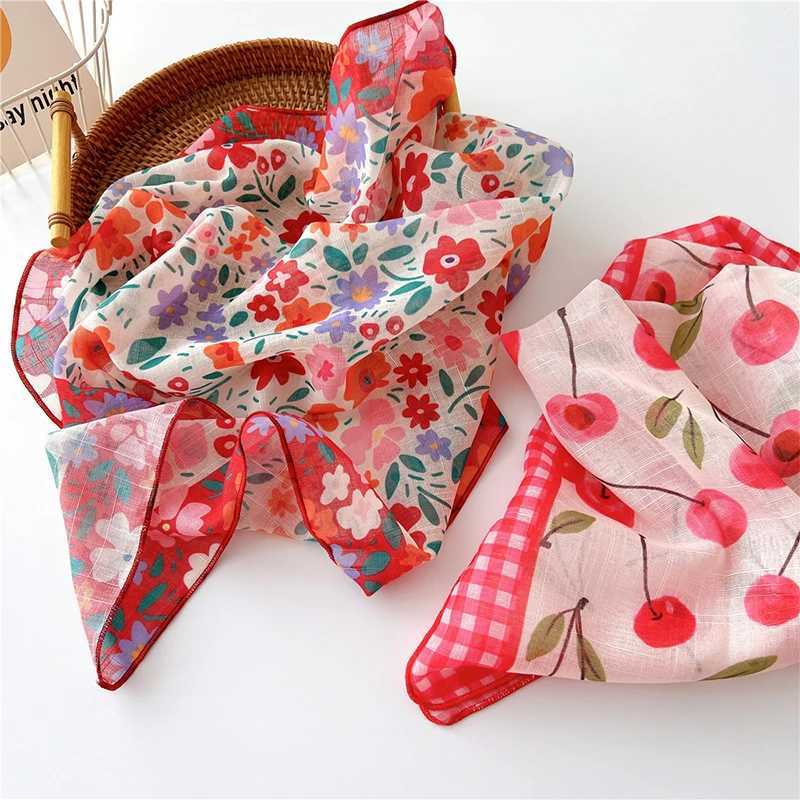 Floral Print Neckerchief Wen Korean Cotton Linen Square Scarf Elegant Neck Scarves Small Wraps Bandana Scarfs 5858Cm X260328