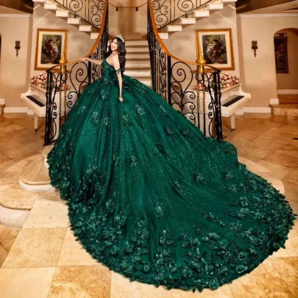 Emerald Green Glitter Quinceanera Dresses 3D Flower Vestidos de 15 Birthday Formal Dress Ball Pearls Junior Party Gown Girls