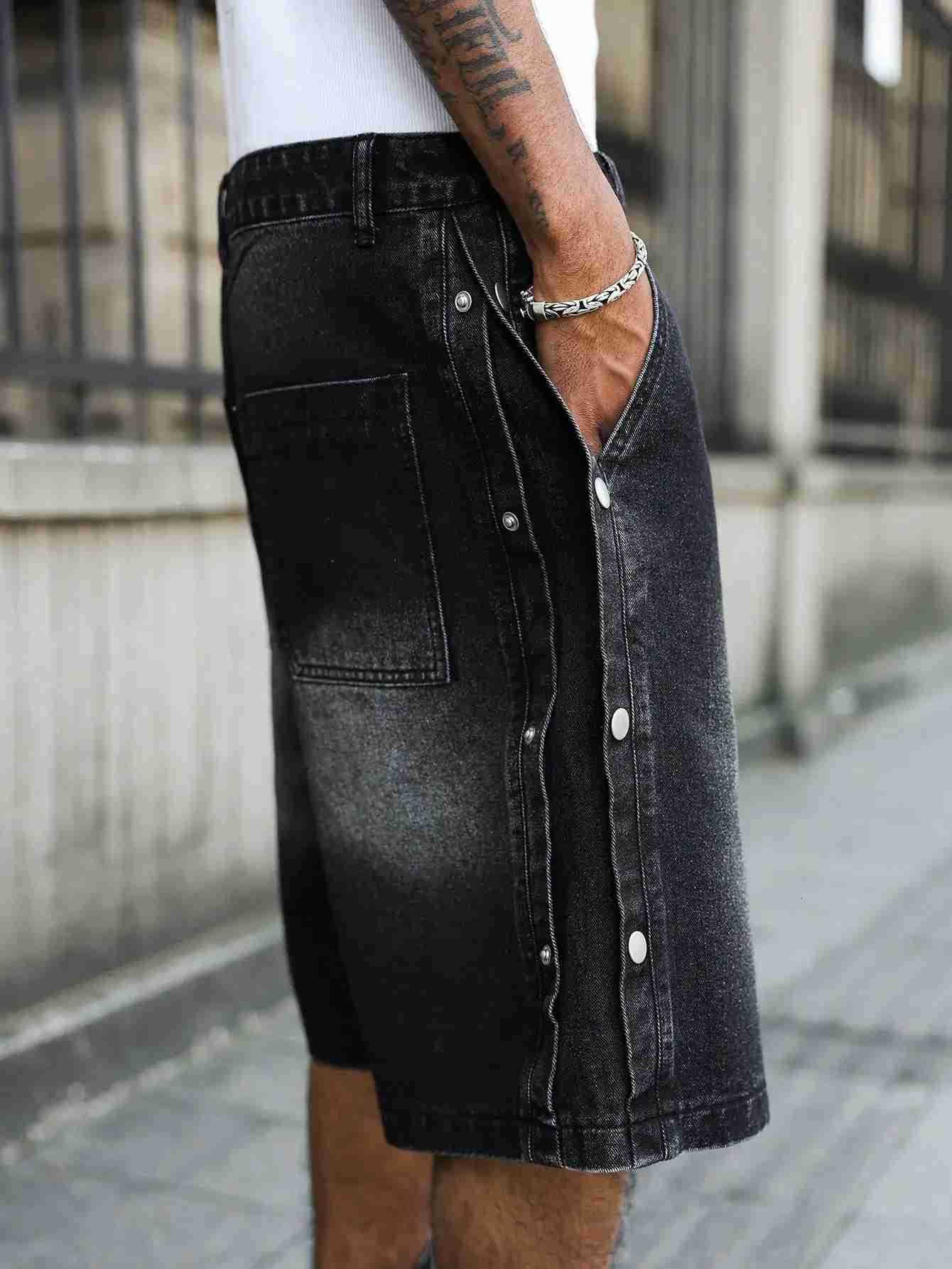 Mens Summer Casual Denim Shorts - Black-Gray Gradient with Distressed White Effect Street Daily Outing Knee-Length Shorts H260330