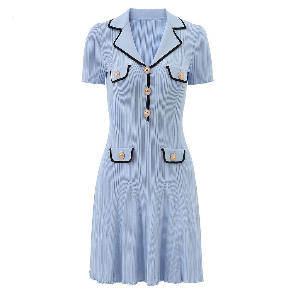 Designer French collar short sleeved knitted women's clothing 2026 spring A10 new elegant socialite slim fit dress