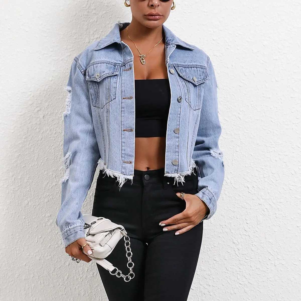 Ripped Distressed Women Denim Jackets Single Breasted Cardigan Coat Turn Down Collar Solid Streetwear Pockets Washed ButtonT260328