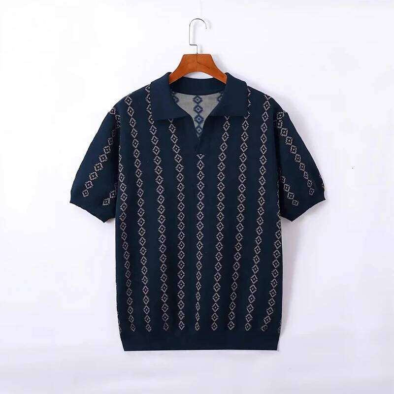 New British Fashion Men Polo Shirt Light Luxury Jacquard Seagull Collar T-Shirts Leisure Breathable Knitted Short Sleeve T-Shirt