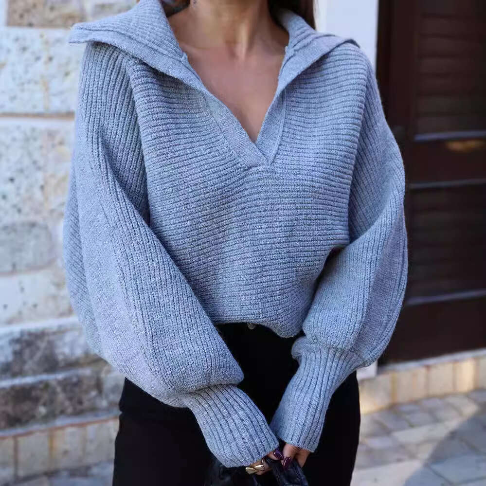 2026 European American cross-border autumn and winter hot-selling casual loose lantern sleeve open-neck pullover women's short sweater